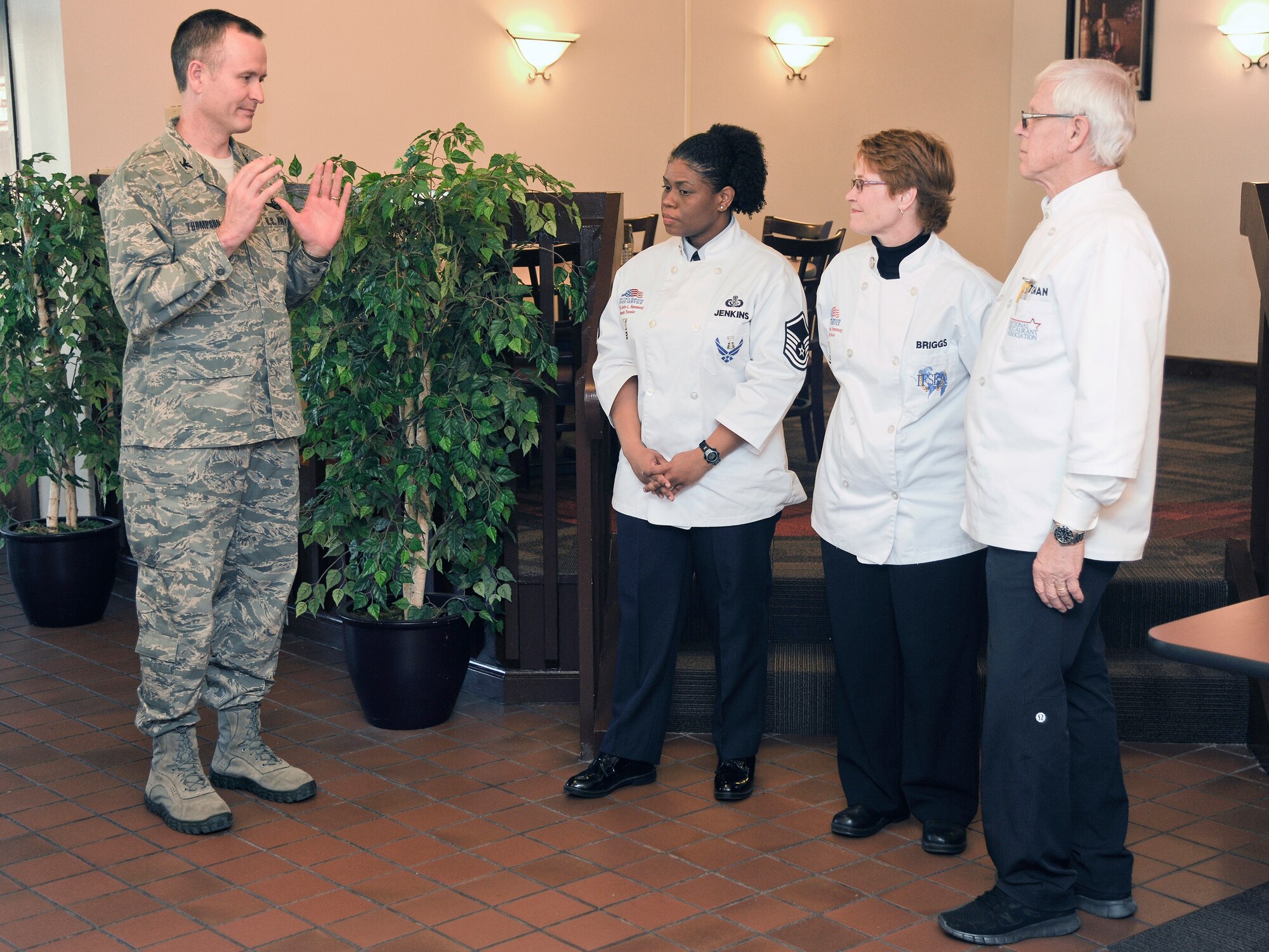 U.S. Air Force Col. Billy Thompson, 23d Wing commander, thanks Hennessey inspection team members at Moody Air Force Base, Ga., Feb. 11, 2012. Moody’s dining facility was inspected at the Air Force level for an opportunity to be named the best in the Air Force. (U.S. Air Force photo by Airman 1st Class Paul Francis/Released)
