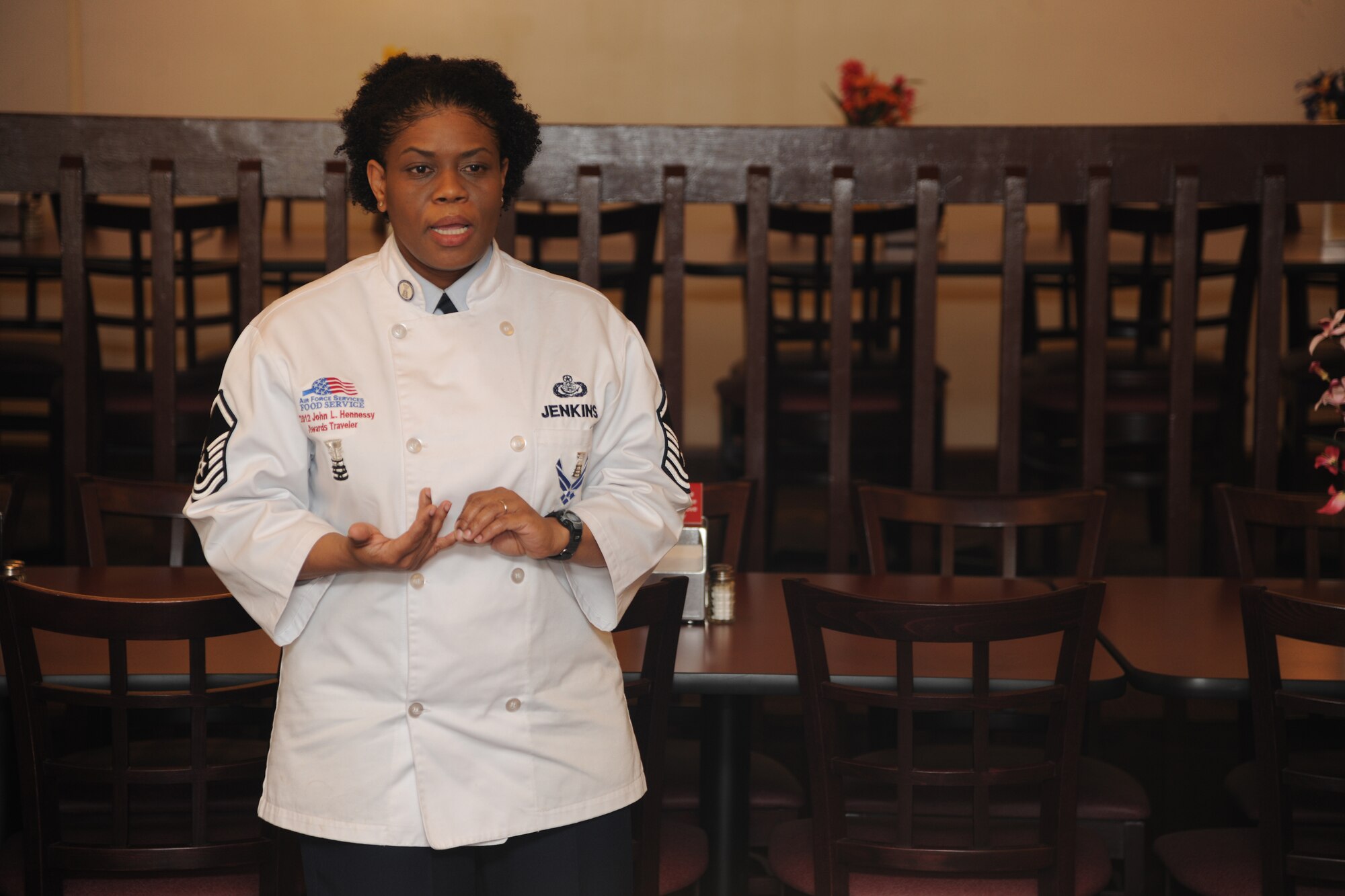 U.S. Air Force Master Sgt. Nichelle Jenkins, Hennessey Inspection Team member, speaks about the inspection at Moody Feb. 11, 2012. Jenkins applauded the work ethic of members of the Moody dining facility and awarded certificates to top performers. (U.S. Air Force photo by Airman 1st Class Paul Francis/Released)
