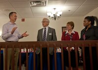 U.S. Air Force Col. Billy Thompson, 23d Wing commander, introduces John L. Hennessy award inspectors David Stockman, National Restaurant Association, Lianne Briggs, International Food Service Executives, and Master Sgt. Nichelle Jenkins, Headquarters Air Force Services Agency at Lackland Air Force Base, Texas, during an ice-breaker dinner social at the Georgia Pines Dining Facility Feb. 9, 2012, at Moody Air Force Base, Ga. The 23d Force Support Squadron earned the title of best dining facility in Air Combat Command and is now competing at the Air Force level. (U.S. Air Force photo by Senior Airman Eileen Meier/Released)