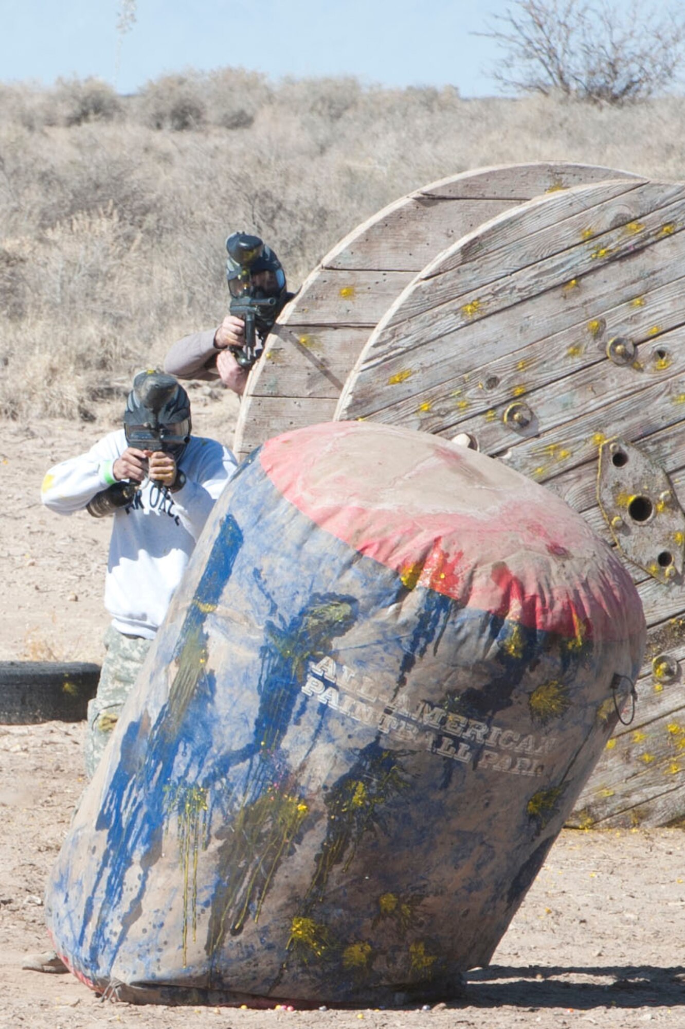 HOLLOMAN AIR FORCE BASE, N.M. – Residents of Holloman’s dormitories participate in an Outdoor Recreation Center paintball tournament at the paintball fields here Feb. 11. The tournament was in support of the Air Force’s Single Airmen Initiative program, which is designed to sponsor activities and programs to meet the needs and interests of the Airmen community, boost morale, and improve the quality of life for Holloman’s Airmen. (U.S. Air Force photo by Airman 1st Class Anthony M. Ward/Released)