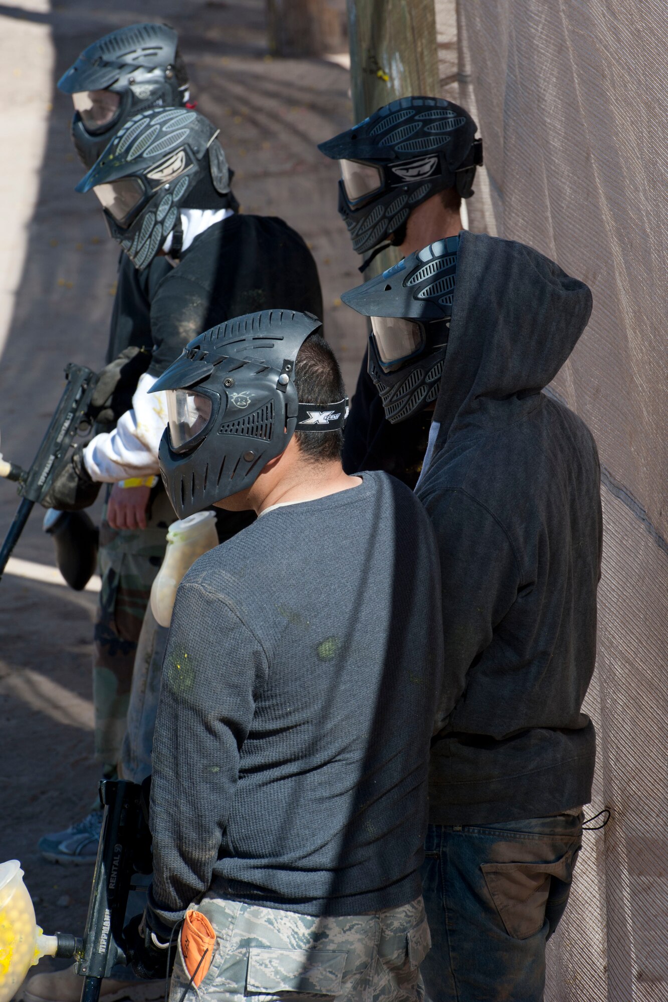 HOLLOMAN AIR FORCE BASE, N.M. – Residents of Holloman’s dormitories prepare to begin a match in an Outdoor Recreation Center paintball tournament at the paintball fields here Feb. 11. The tournament was in support of the Air Force’s Single Airmen Initiative program, which is designed to sponsor activities and programs to meet the needs and interests of the Airmen community, boost morale, and improve the quality of life for Holloman’s Airmen. (U.S. Air Force photo by Airman 1st Class Anthony M. Ward/Released)