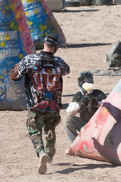HOLLOMAN AIR FORCE BASE, N.M. – A resident of Holloman’s dormitories is called out of the game by a referee after being tagged by a paintball in an Outdoor Recreation Center paintball tournament at the paintball fields here Feb. 11. The tournament was in support of the Air Force’s Single Airmen Initiative program, which is designed to sponsor activities and programs to meet the needs and interests of the Airmen community, boost morale, and improve the quality of life for Holloman’s Airmen. (U.S. Air Force photo by Airman 1st Class Anthony M. Ward/Released)