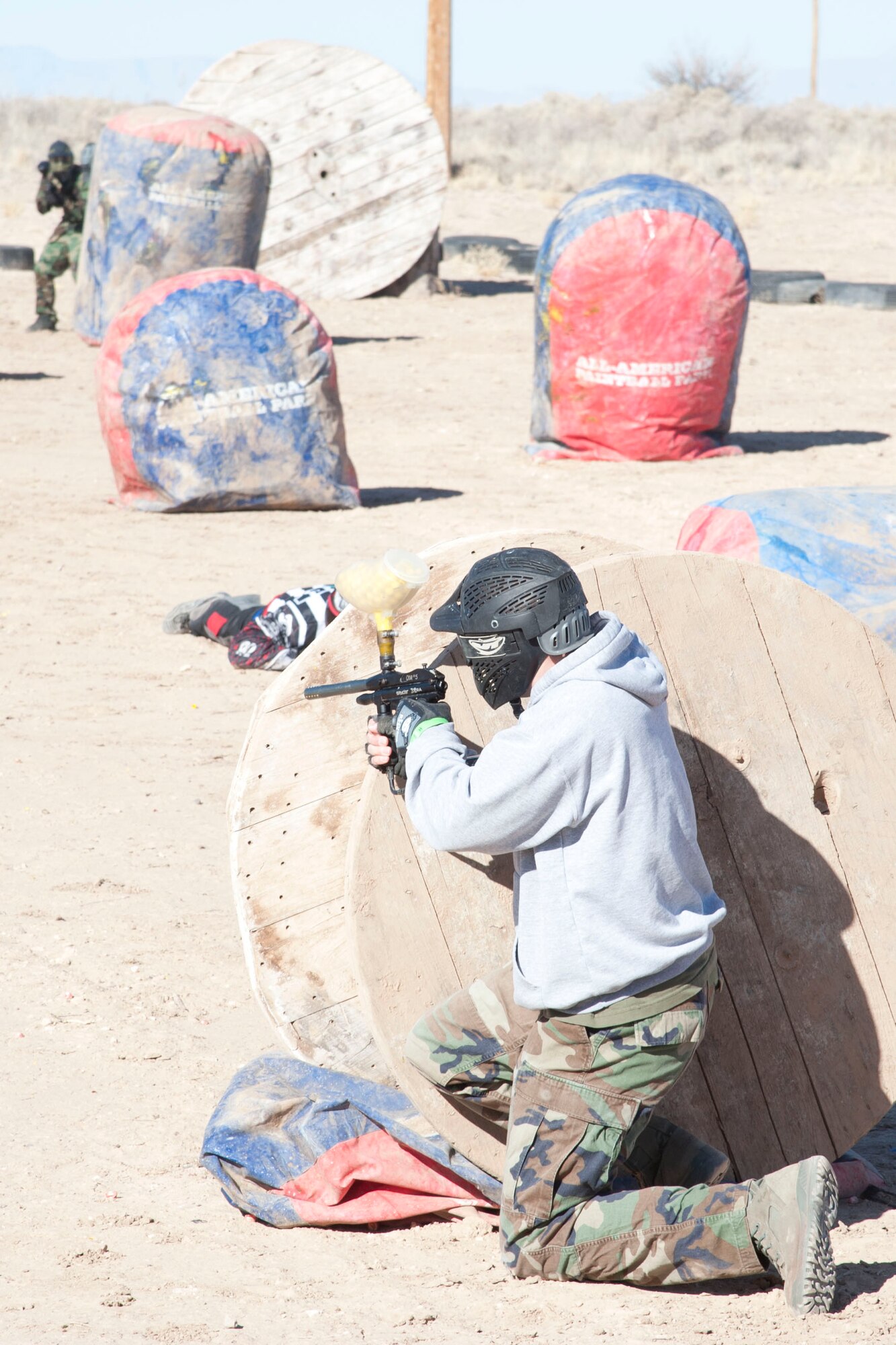 HOLLOMAN AIR FORCE BASE, N.M. – Residents of Holloman’s dormitories participate in an Outdoor Recreation Center paintball tournament at the paintball fields here Feb. 11. The tournament was in support of the Air Force’s Single Airmen Initiative program, which is designed to sponsor activities and programs to meet the needs and interests of the Airmen community, boost morale, and improve the quality of life for Holloman’s Airmen. (U.S. Air Force photo by Airman 1st Class Anthony M. Ward/Released)