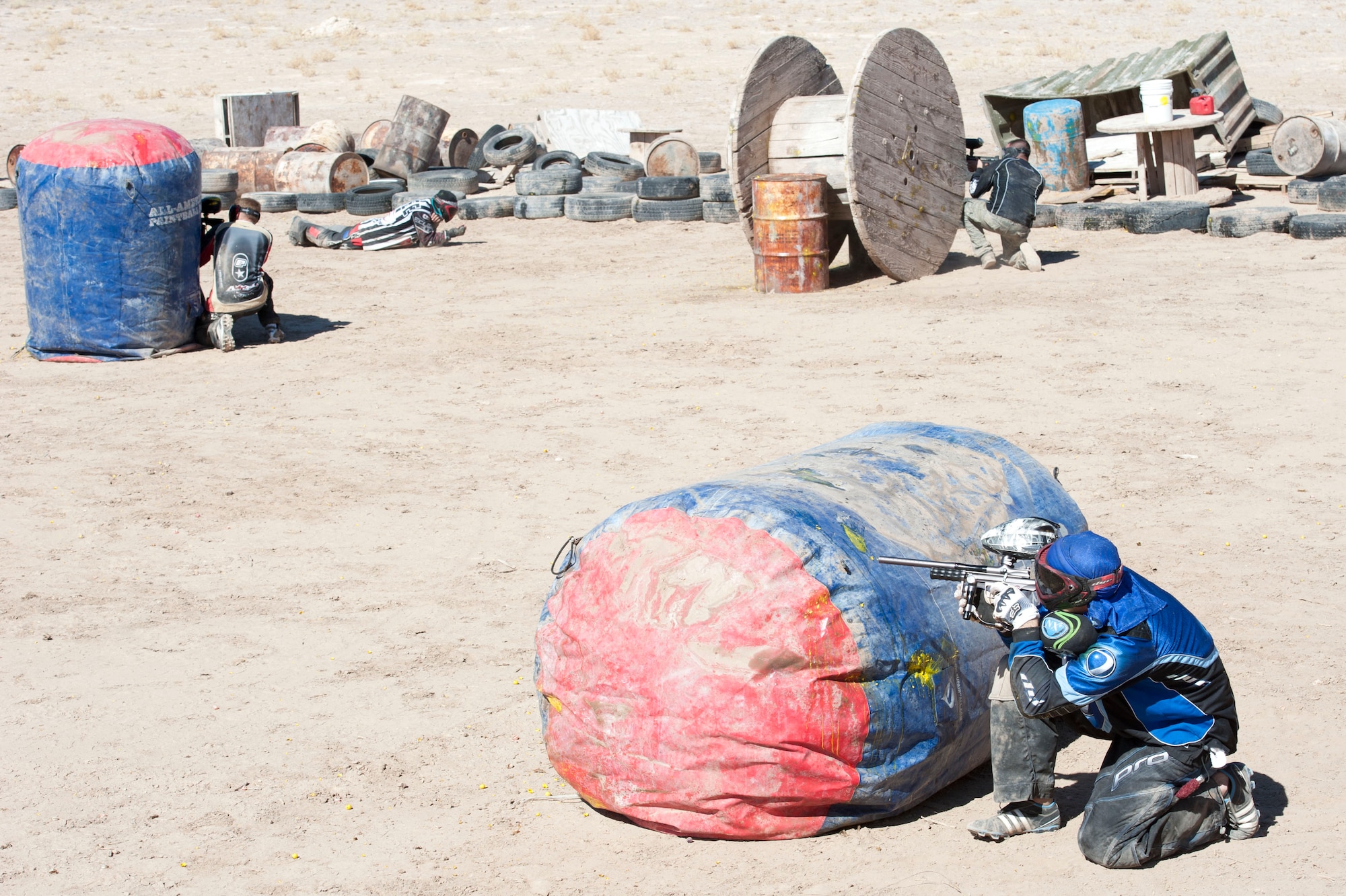 HOLLOMAN AIR FORCE BASE, N.M. – Residents of Holloman’s dormitories participate in an Outdoor Recreation Center paintball tournament at the paintball fields here Feb. 11. The tournament was in support of the Air Force’s Single Airmen Initiative program, which is designed to sponsor activities and programs to meet the needs and interests of the Airmen community, boost morale, and improve the quality of life for Holloman’s Airmen. (U.S. Air Force photo by Airman 1st Class Anthony M. Ward/Released)