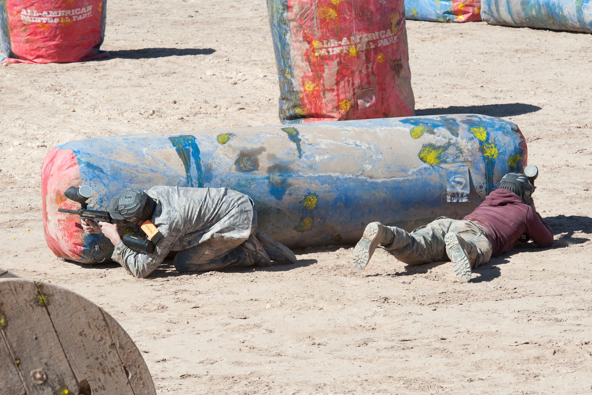 HOLLOMAN AIR FORCE BASE, N.M. – Residents of Holloman’s dormitories participate in an Outdoor Recreation Center paintball tournament at the paintball fields here Feb. 11. The tournament was in support of the Air Force’s Single Airmen Initiative program, which is designed to sponsor activities and programs to meet the needs and interests of the Airmen community, boost morale, and improve the quality of life for Holloman’s Airmen. (U.S. Air Force photo by Airman 1st Class Anthony M. Ward/Released)