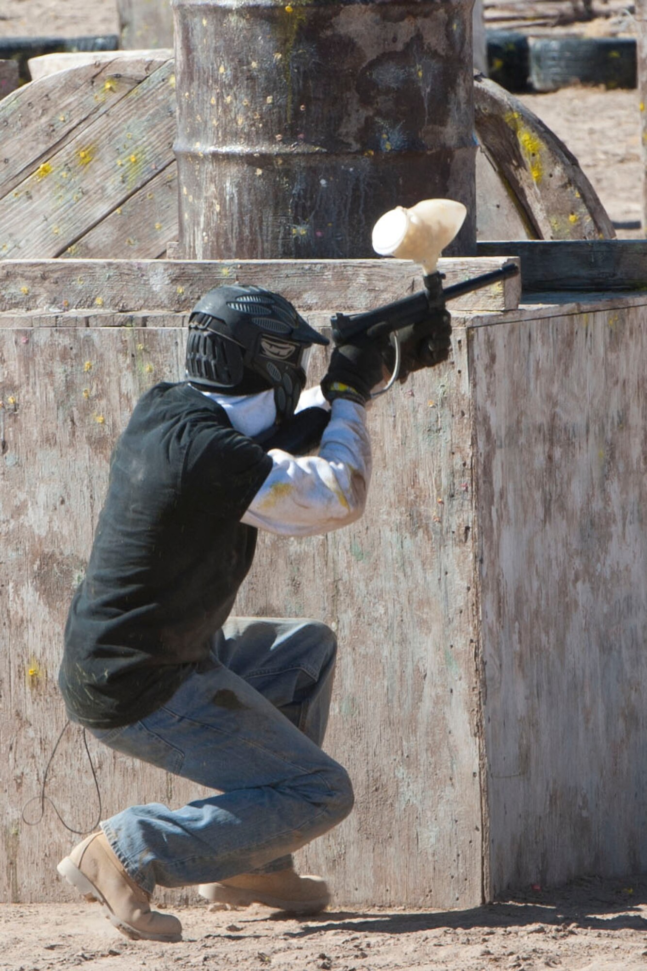 HOLLOMAN AIR FORCE BASE, N.M. – A resident of Holloman’s dormitories participates in an Outdoor Recreation Center paintball tournament at the paintball fields here Feb. 11. The tournament was in support of the Air Force’s Single Airmen Initiative program, which is designed to sponsor activities and programs to meet the needs and interests of the Airmen community, boost morale, and improve the quality of life for Holloman’s Airmen. (U.S. Air Force photo by Airman 1st Class Anthony M. Ward/Released)