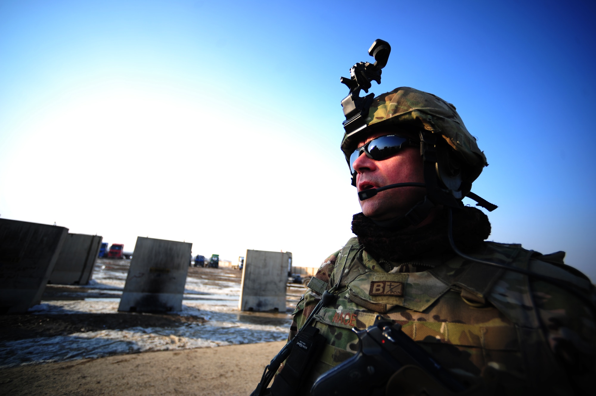 U.S. Air Force Staff Sgt. Steven Nace from the 121st Air Refueling Wing Security Forces Squadron, Rickenbacker Ohio Air National Guard Base, Columbus, Ohio, leads a security patrol from the 455th Expeditionary Security Forces Squadron Feb. 10, 2012. The 455th ESFS "Reapers" conduct 24-hour patrols to disrupt insurgent activities away from their base. The 455th ESFS is responsible for protecting all activities and freedom of operations for U.S. and coalition forces. (U.S. Air Force photo/Tech. Sgt. DeNoris A. Mickle)
