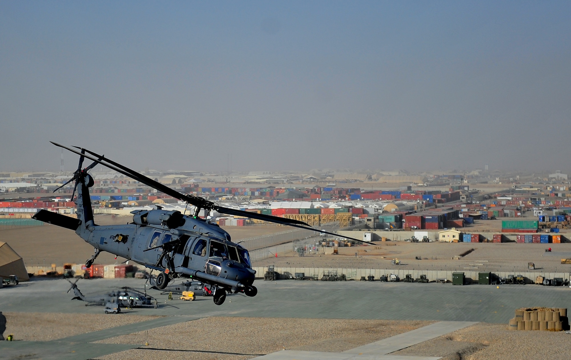 CAMP BASTION, Afghanistan -- A HH-60G Pave Hawk helicopter from the 26th Expeditionary Rescue Squadron executes a mission here.The 26th ERQS compliments their traditional personnel recovery mission with medical evacuation operations in Afghanistan’s Regional Command Southwest. (U.S. Air Force photo by Senior Airman Tyler Placie)