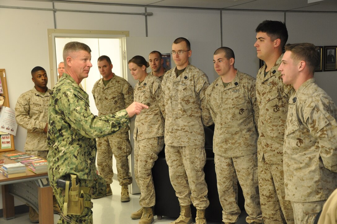Master Chief Petty Officer of the Navy Rick West (left) visited troops at the Combined Aid Station during his tour of facilities at Camp Leatherneck, Afghanistan, Dec. 8, 2011.