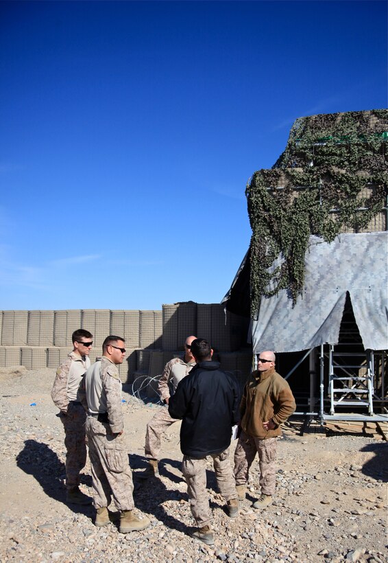 CAMP LEATHERNECK, Afghanistan-Leaders from 1st Brigade, 5th Air Naval Gunfire Liaison Company and 1st Brigade, 1st ANGLICO gather in Patrol Base Hazrat to discuss how 5th ANGLICO will take the reigns from 1st ANGLICO Nov. 28. The Marines convoyed from Camp Leatherneck to PB Hazrat and then afterwards traveled to Mobile Operating Base Price to see how the transition between 1st ANGLICO Marines and 5th ANGLICO Marines is going.