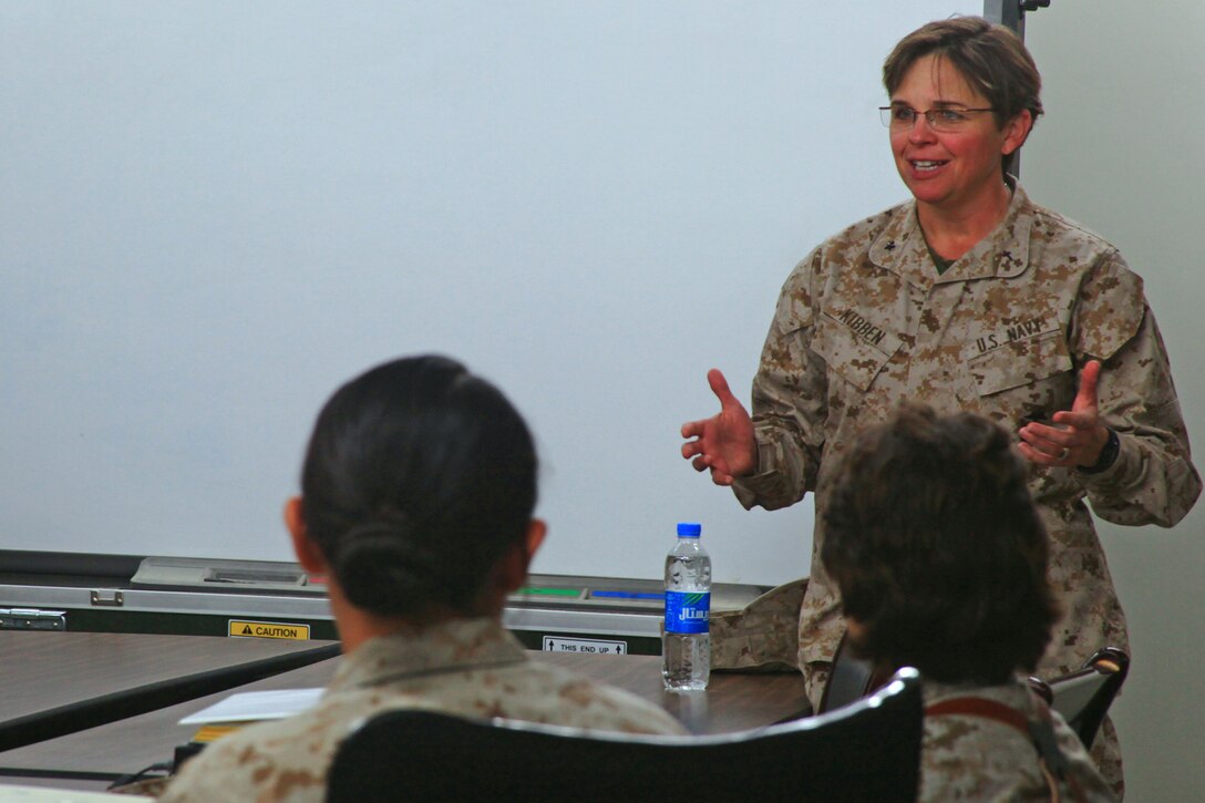 Rear Adm. Margaret Kibben, Chaplain of the Marine Corps, talks to the Female Engagement Team with Regional Command Southwest, on Camp Leatherneck, Helmand province, Sept. 22. Kibben made it a point to stop and talk with the new incoming FET team during her tour in RC(SW) with Gen. John F. Amos, Commandant of the Marine Corps and Sgt. Maj. Michael Barrett, Sergeant Major of the Marine Corps.