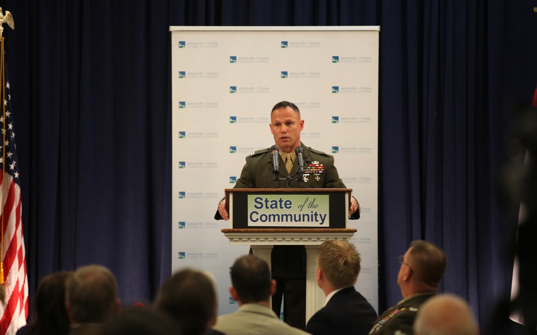 Col. Daniel J. Lecce speaks at the State of the Community Breakfast Feb. 14 in Jacksonville. Lecce spoke of changes coming to the base due to construction and recent budget cuts that will lead to a rightsizing of the Marine Corps.