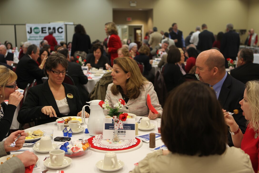 Community leaders gather at the State of the Community Breakfast in Jacksonville Feb. 14. Speakers at the event included the commanding officers of Marine Corps Base Camp Lejeune and Marine Corps Air Station New River, the city mayor, the county manager, the chief executive officer of Onslow Memorial Hospital, the superintendant of Onslow County schools and the president of Coastal Carolina Community College.