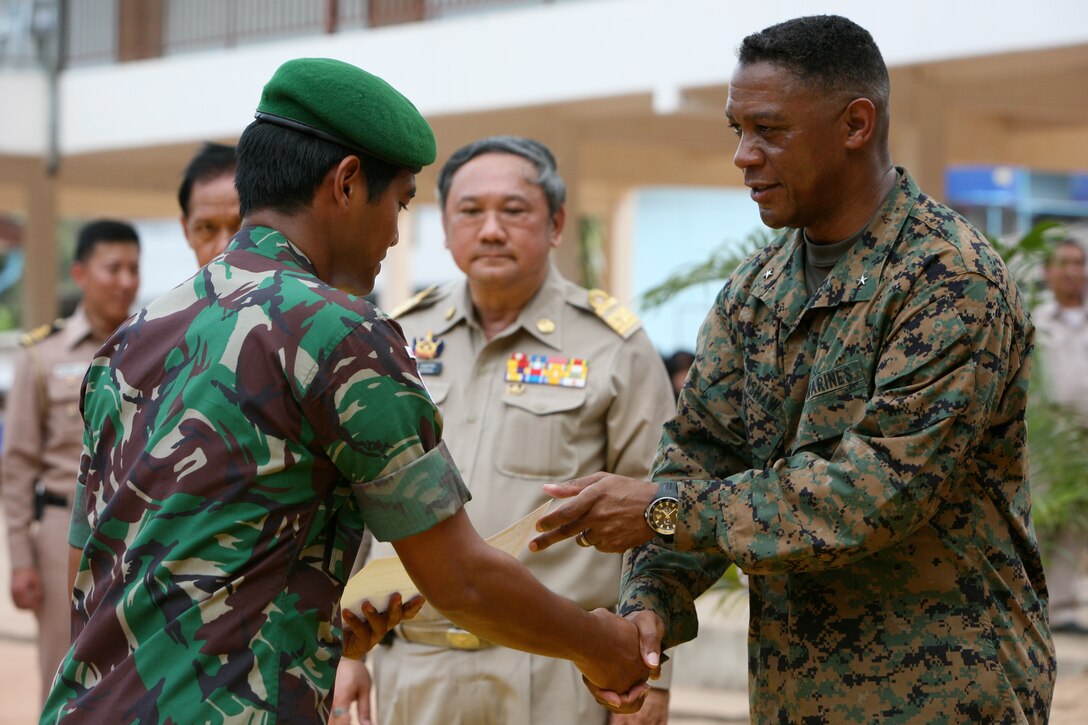A Royal Thai Marine, simulating a chemical attack victim, is swept for any further traces of chemical residue during a chemical, biological, radiological, chemical exercise here, Feb. 14. The training was conducted by Thai forces and Marines with the 31st Marine Expeditionary Unit, jointly executing casualty decontamination in a bilateral environment. The training is part of exercise Cobra Gold 2012, now in its 31st iteration. The exercise is a multi-lateral event focused on strengthening the interoperability of all participating military forces. The 31st MEU is the only continuously forward-deployed MEU and remains the nation’s force in readiness in the Asia-Pacific region.