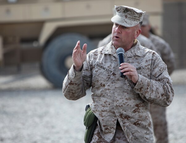 Brig. Gen. John J. Broadmeadow, commanding general of 1st Marine Logistics Group (Forward), addresses guests during a transfer of authority ceremony aboard Camp Leatherneck, Afghanistan, Feb. 15. For the next year, 1st MLG (FWD) will assume all logistical support responsibilities in southern Afghanistan. (U.S. Marine Corps photo by Sgt. Justin J. Shemanski)