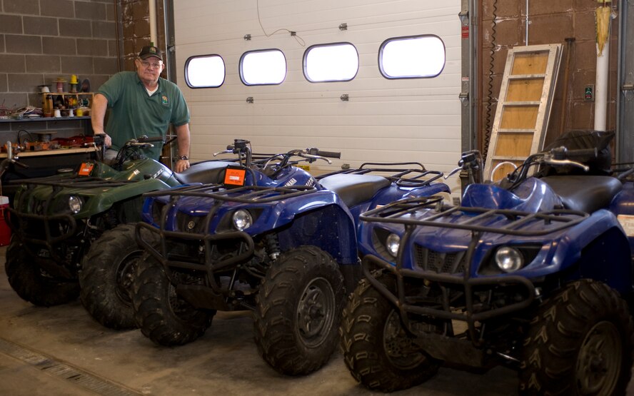 Al Nelson, Outdoor Recreation manager, displays the all-terrain vehicles at the Outdoor Recreation facility on Ellsworth Air Force Base, S.D., Feb. 9, 2012.  For information regarding renting all-terrain vehicles and other outdoor recreation equipment, contact the outdoor recreation facility at 385-2997.  (U.S. Air Force photo by Airman 1st Class Anania Tekurio/Released)