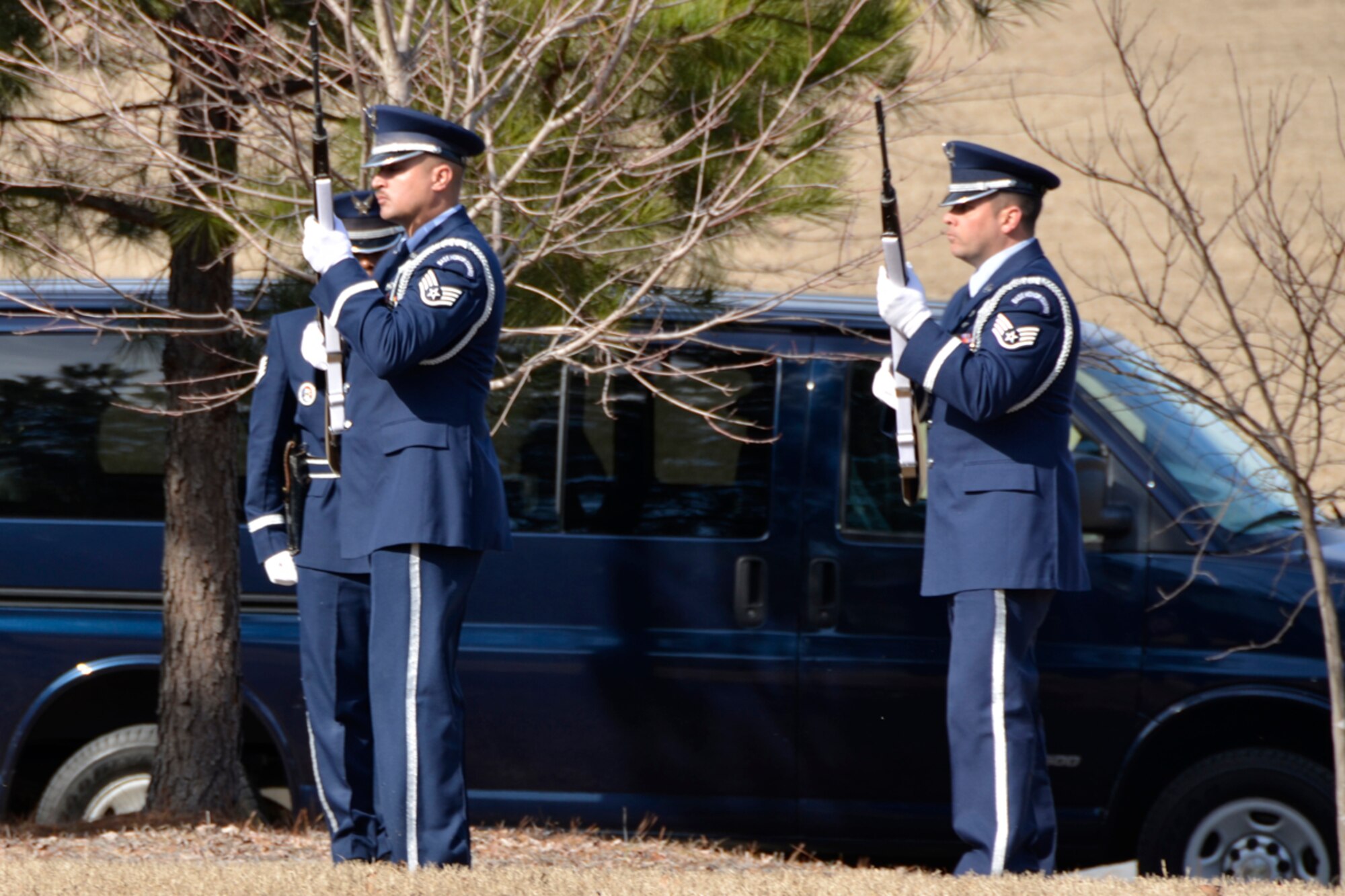 Members of the 94th Airlift Wing Honor Guard fire three volies during an inurnment for Gerald A. Marshall, former Dobbins Consolidated Club manager, Feb. 13. Marshall, retired U.S. Air Force Master Sgt. and civil servant, was honored at memorial services at the Chapel of West Cobb Funeral home and an inurnment at the Georgia National Cemetery in Canton, Ga. (U.S. Air Force photo/Master Sgt. James Branch)