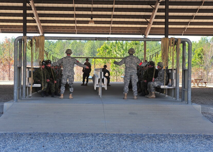 U.S. Army jumpmasters with the 2nd Brigade Combat Team, 82nd Airborne Division, signals the jumpers as if they were on a flight during pre-jump training Pope Army Airfield, N.C., Feb. 12. Pre-jump training is performed before every jump to ensure the right procedures are performed. (U.S. Air Force photo by Staff Sgt. Stephanie Mancha/Released)