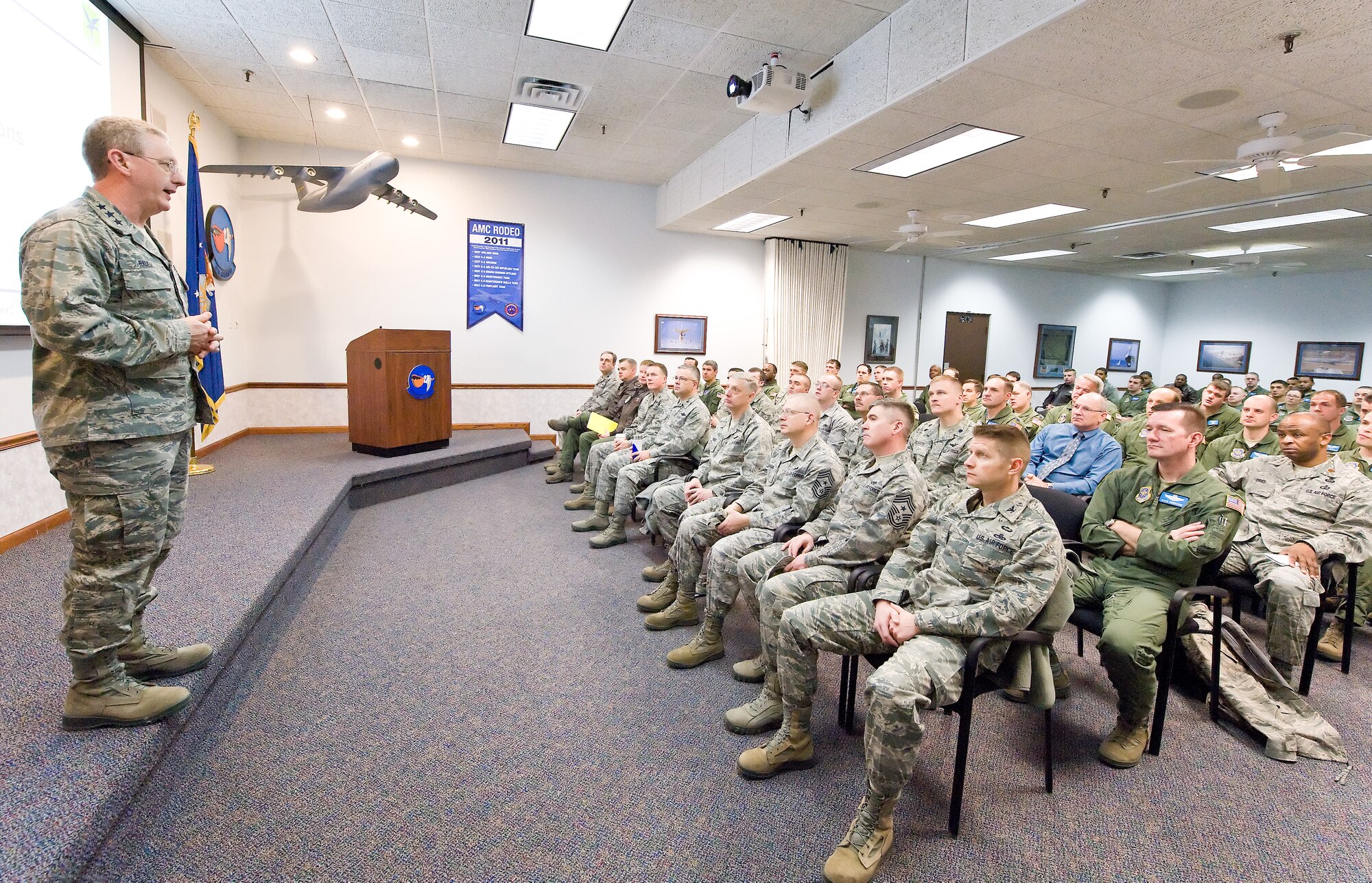 Lt. Gen. Mark Ramsay, commander of the 18th Air Force, Scott Air Force Base, Ill., visits Team Dover Feb. 13-14, 2012, at Dover Air Force Base, Del. During Ramsay's visit, he met with service members in various shops around Dover AFB. (U.S. Air Force photo by Roland Balik)