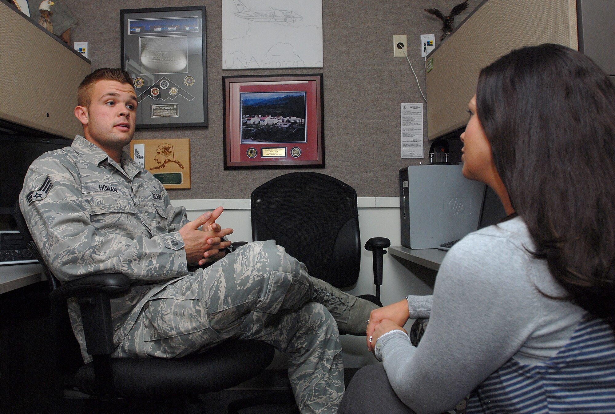 GOODFELLOW AIR FORCE BASE, Texas—Senior Airman Grant Homan, 17th Medical Operations Squadron, talks to a patient Feb. 10 here. Homan is the recipient of the Air Force level Outstanding Mental Health Airman of the year award. (U.S. Air Force photo/Airman 1st Class Michael Smith)