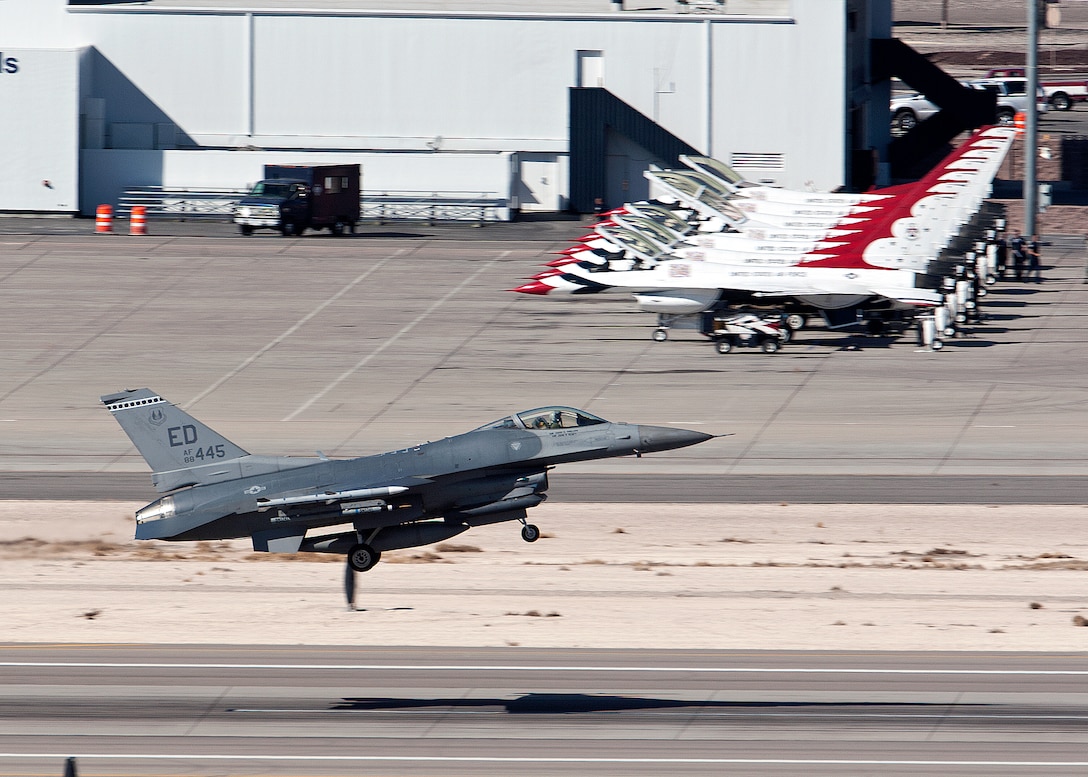 An F-16 piloted by Maj. Brian Deas from the 416th Flight Test Squadron takes off into the air from Nellis Air Force Base, Nev. into the Nevada Test and Training Range to provide support for the day-time war exercise during Red Flag Feb. 1. (Lockheed Martin photo by Chad Bellay)