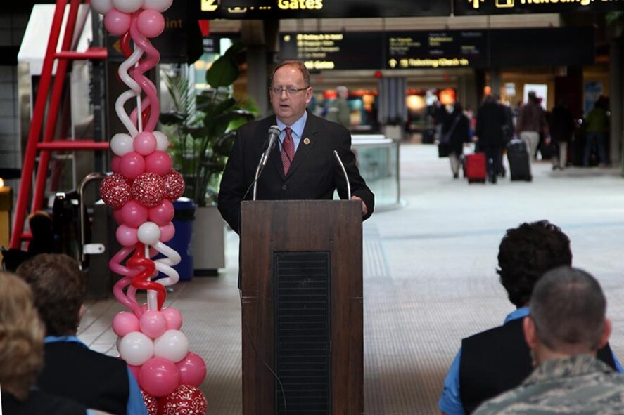 Bradley D. Penrod, Executive Director of Pittsburgh International Airport, acknowledges the presence of members from the 911th Airlift Wing during the celebration of the volunteer ambassador program’s 10th anniversary held at Pittsburgh International Airport on Feb. 14, 2012. This event was organized to recognize 21 volunteer workers for their ten years and, 15 workers for their five years of commitment to both military and civilian travelers within the airport by providing them with direction, assistance and comfort. (U.S. Air Force photo by Tech. Sgt. Ralph Van Houtem/Released)