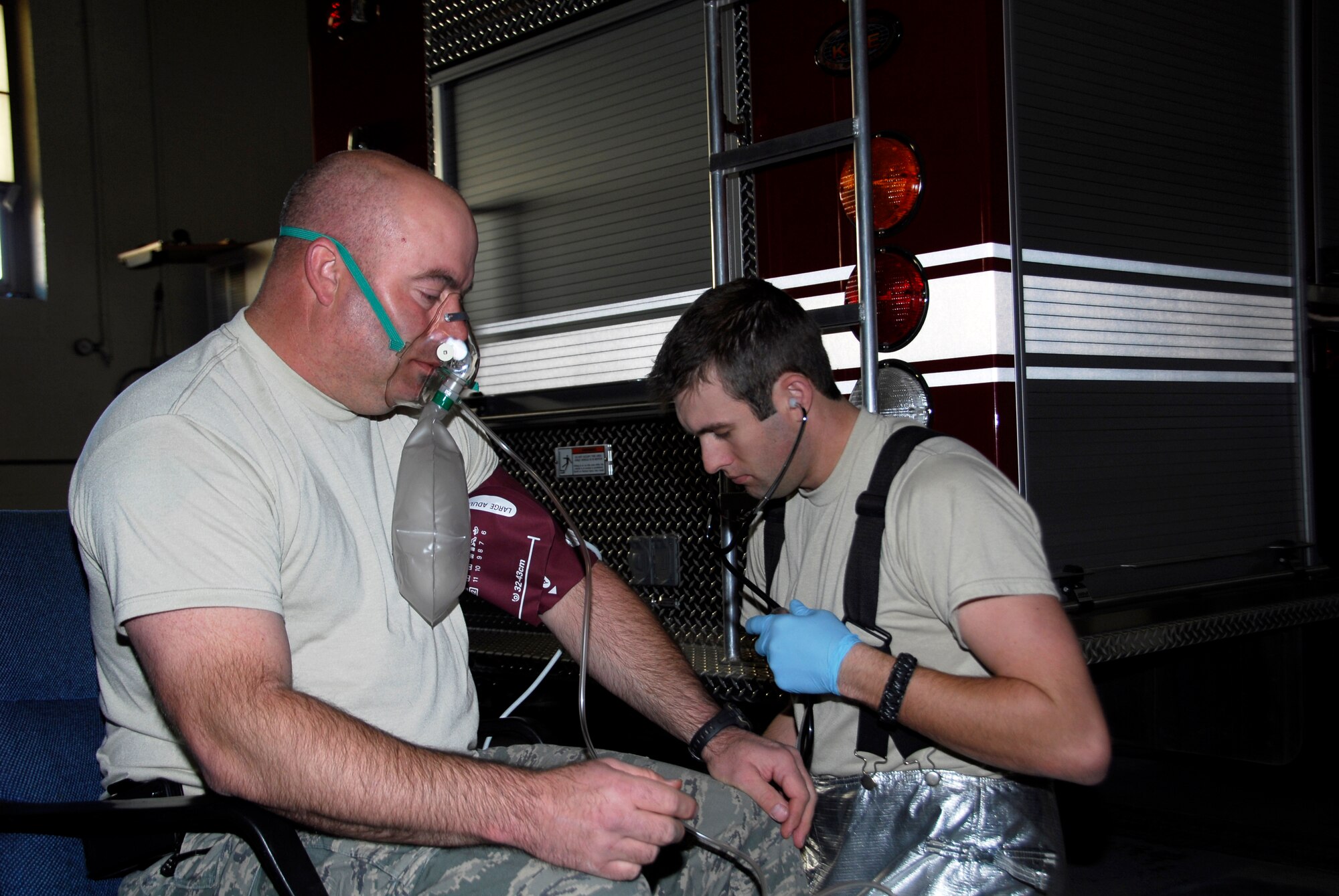 Airmen with the 188th Fire Emergency Services Flight conduct training at the 188th Fighter Wing during a Unit Training Assembly Feb. 11, 2012. In addition to the 188th FESF’s primary mission of providing fire protection to military aircraft and installation facilities, it also responds to emergency calls for commercial and civilian aircraft as well as medical emergencies through a joint-use agreement with the Fort Smith Regional Airport. (National Guard photo by Airman 1st Class John Hillier/188th Fighter Wing Public Affairs)

