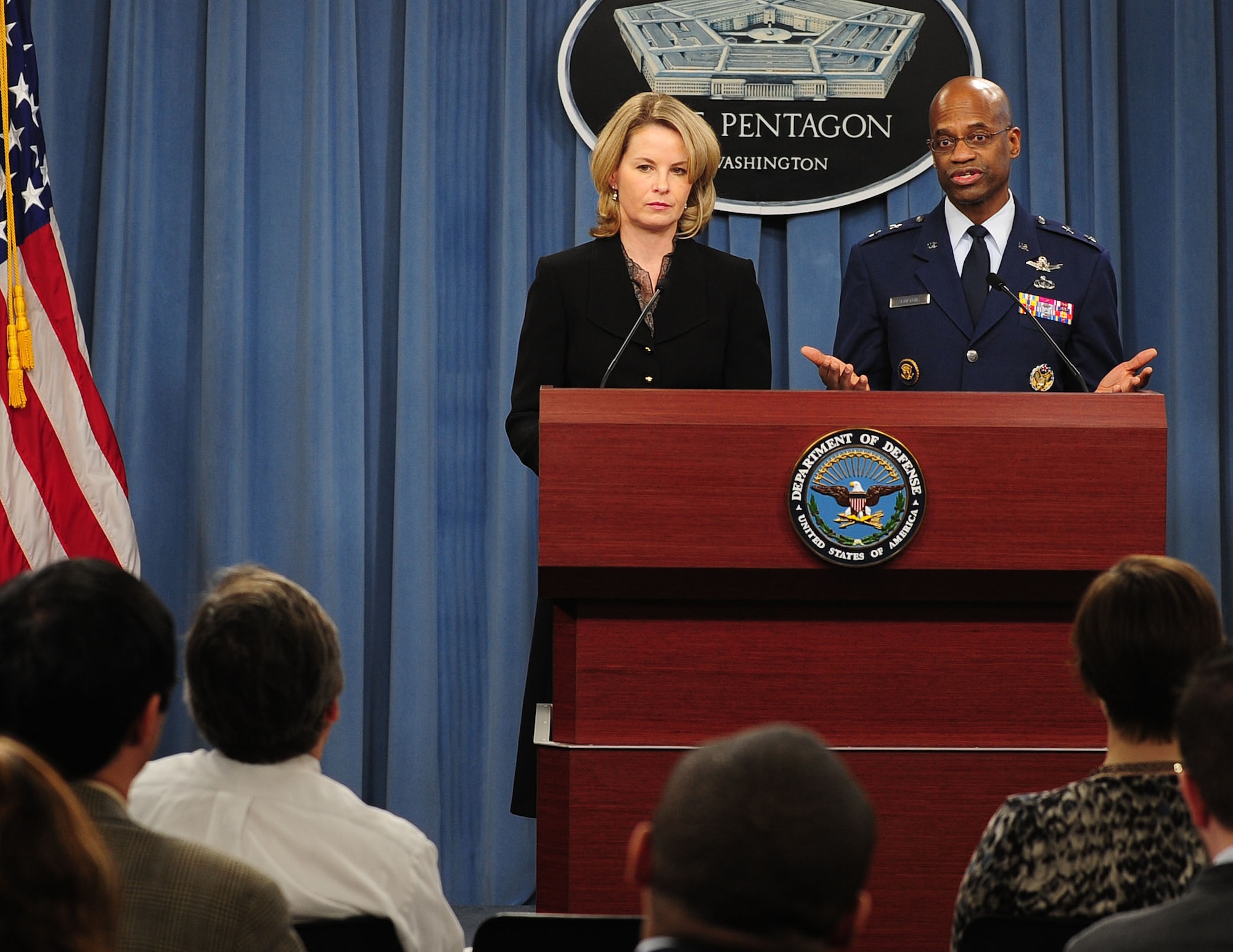 Maj. Gen. Edward L. Bolton Jr. the deputy assistant secretary for budget, 
Office of the Assistant Secretary of the Air Force for Financial Management 
and Comptroller and Marilyn Thomas, the deputy for budget, Office of the 
Assistant Secretary of the Air Force for Financial Management and Comptroller, 
Answer questions about the Air Force's fiscal year 2013 budget at a Pentagon 
Press Briefing Feb. 13. (U.S. Air Force photo/Staff Sgt. Tiffany Trojca)
