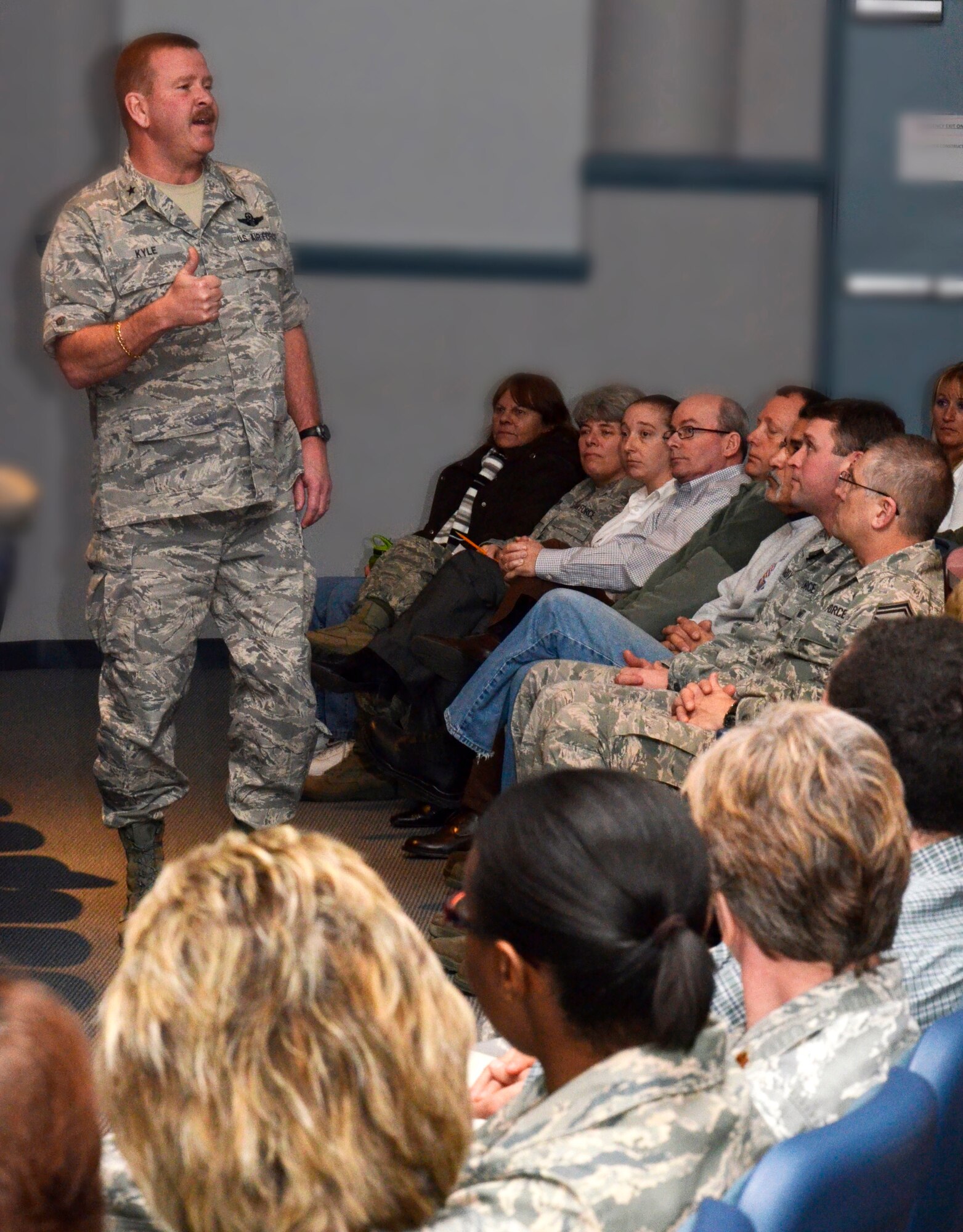 Brig. Gen. Mark Kyle, 4th Air Force commander, visited Westover for three days last week. While here, he toured the command post, control tower, regional iso dock and provided a town hall - meeting style at commander's call. (U.S. Air Force photo/W.C.Pope)