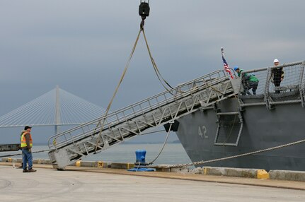 Civilian port workers and Sailors guide a brow into place after USS Klakring (FFG 42) moored at Union Pier, Charleston, Feb. 10. The frigate’s crew conducted training with the Citadel Naval Reserve Officer Training Corps, allowing midshipmen the opportunity to experience life on a U.S. Navy ship. (U.S. Navy photo/Petty Officer 2nd Class Brannon Deugan)