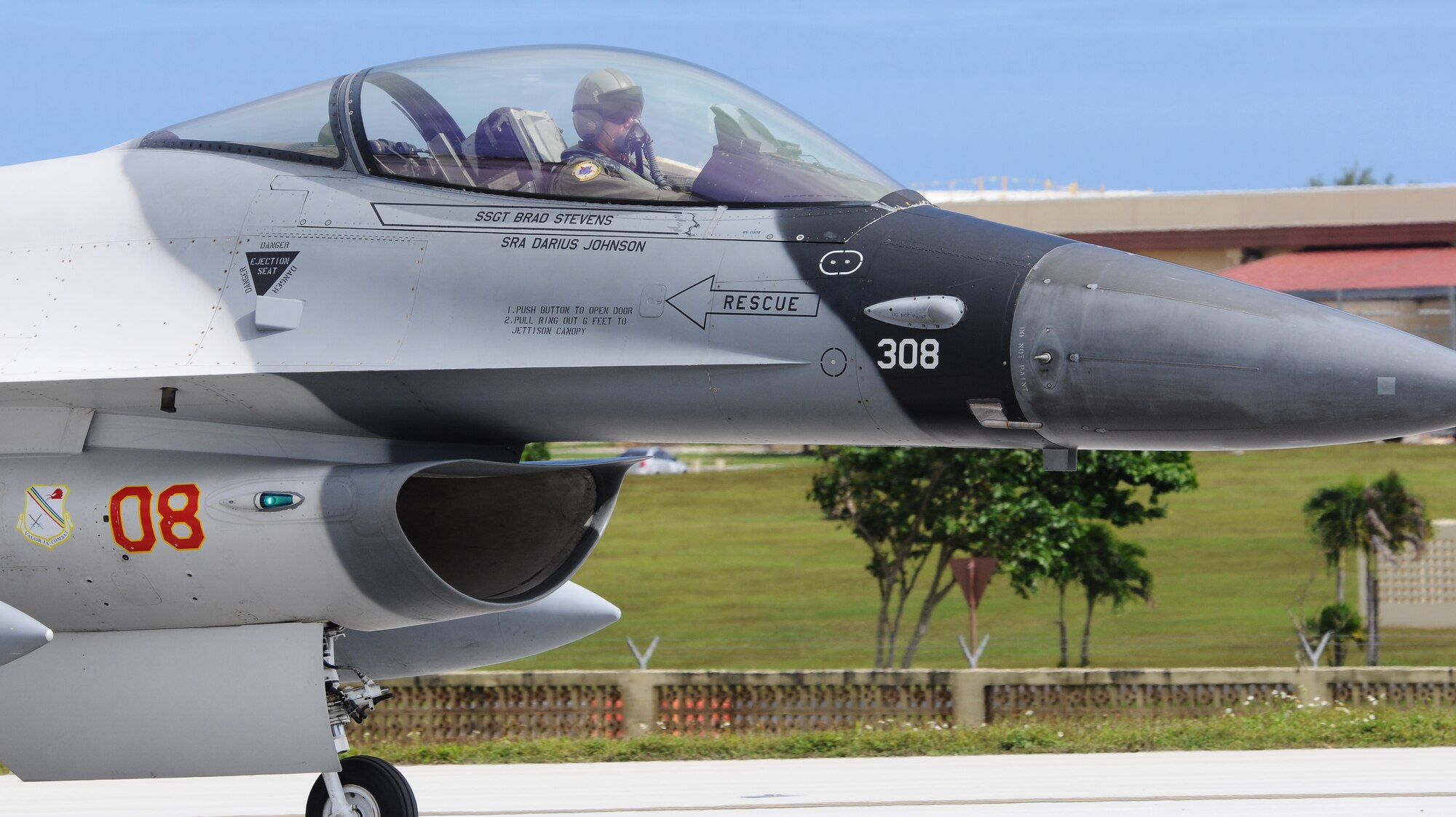 ANDERSEN AIR FORCE BASE, Guam-An F-16 Fighting Falcon Aggressor taxis on the flight line during Cope North 2012, Feb. 14. More than 1,000 military members from units spanning the Pacific are scheduled to begin arriving this week for exercise Cope North. The trilateral exercise, which began Feb. 11 and will run through Feb. 24, is a multinational exercise designed to enhance air operations between the U.S. Air Force, the Japan Air Self Defense Force and the Royal Australian Air Force. (U.S. Air Force photo/ Senior Airman Carlin Leslie)