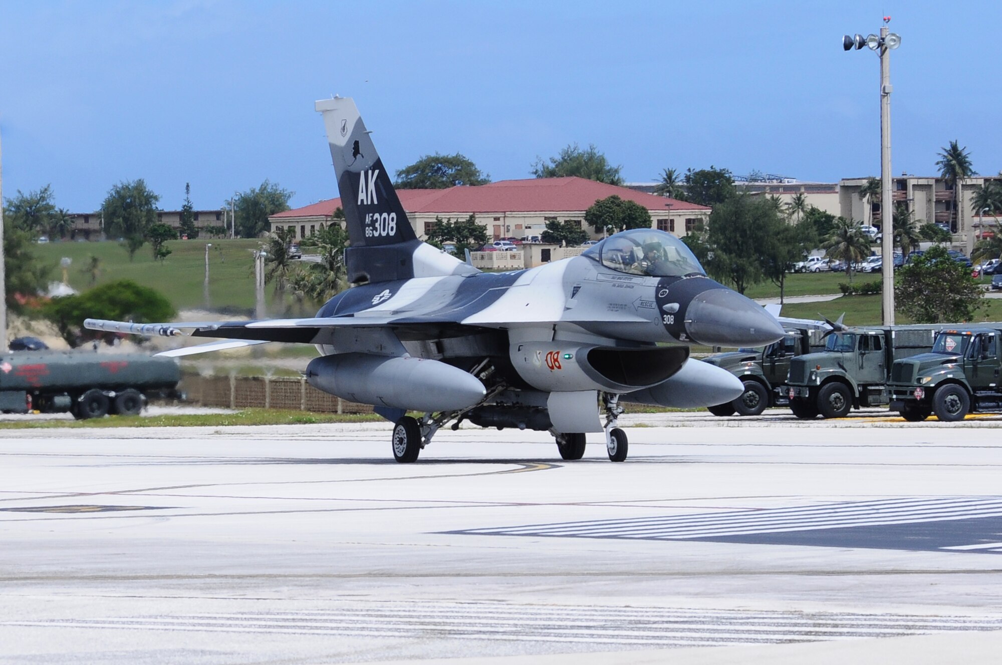 ANDERSEN AIR FORCE BASE, Guam-An F-16 Fighting Falcon Aggressor taxis on the flight line during Cope North 2012, Feb. 14. More than 1,000 military members from units spanning the Pacific are scheduled to begin arriving this week for exercise Cope North. The trilateral exercise, which began Feb. 11 and will run through Feb. 24, is a multinational exercise designed to enhance air operations between the U.S. Air Force, the Japan Air Self Defense Force and the Royal Australian Air Force. (U.S. Air Force photo/ Senior Airman Carlin Leslie)
