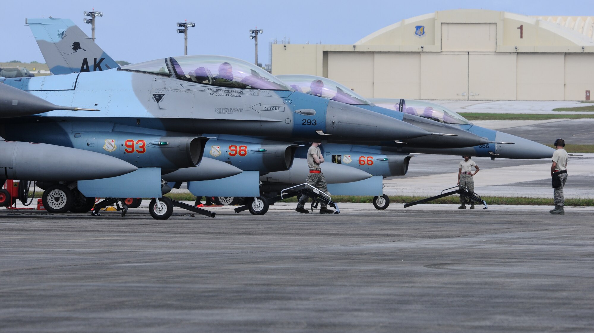 ANDERSEN AIR FORCE BASE, Guam- F-16 Fighting Falcon Aggressors of the 18th Aggressor Squadron, Eielson Air Force Base, Alaska, prepare to taxi during Cope North 2012, Feb.  14. The U.S. Air Force, the Japan Air Self Defense Force and the Royal Australian Air Force began Cope North here Feb. 11. The exercise, which will run through Feb. 24, is the latest in a series of multinational exercises designed to enhance each country’s air operations. (U.S Air Force photo/Senior Airman Carlin Leslie)
