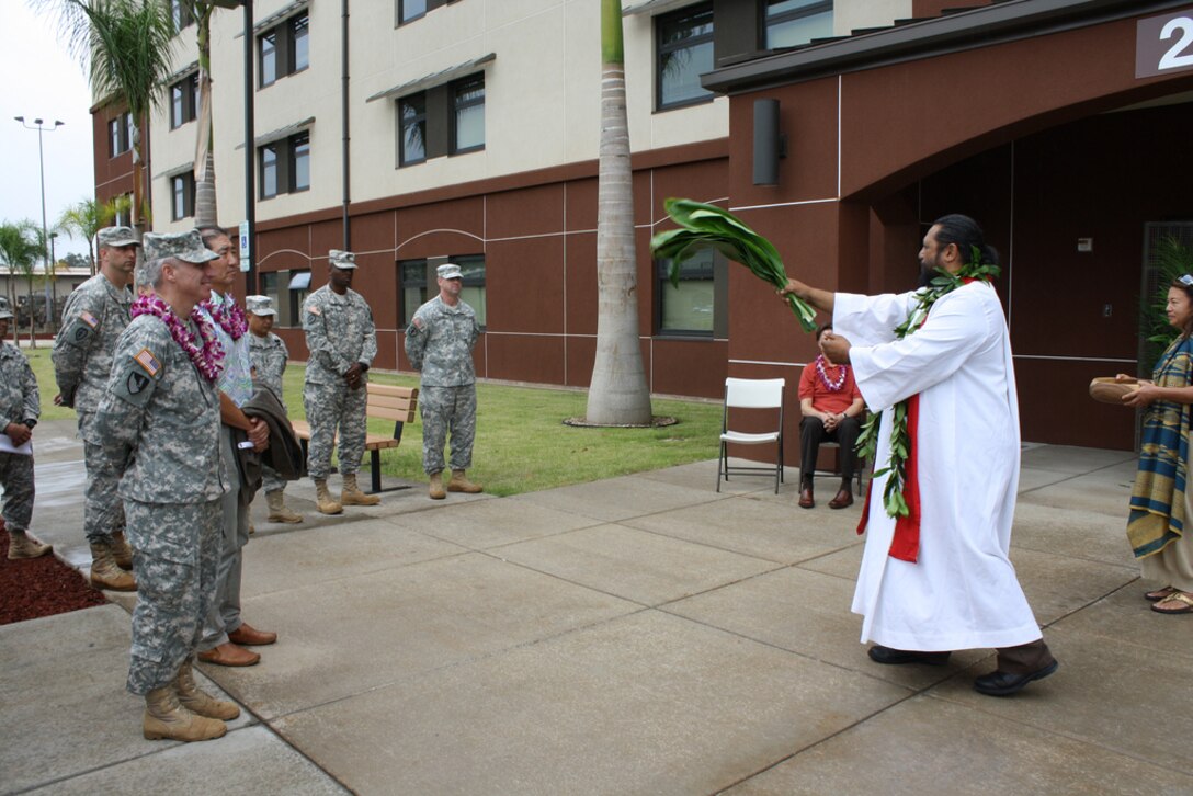 A traditional Hawaiian blessing and ribbon cutting ceremony was held for the New Barracks Complex at Schofield Barracks on Tuesday, Dec. 20, 2011.  Four hundred 2nd Brigade Combat Team Soldiers will begin moving into a new home soon.