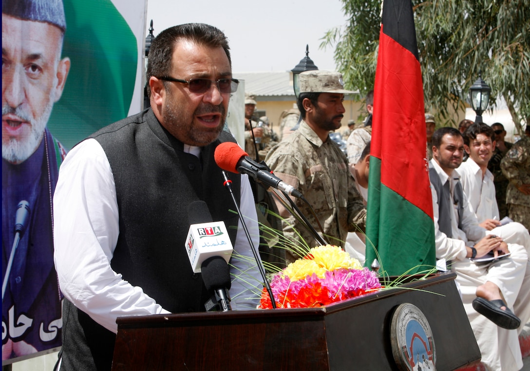 LASHKAR GAH (July 25, 2011) Helmand Provincial Governor Gulab Mangal addresses the Afghan National Civil Order Police 5th Brigade during a ceremony commencing ANCOP taking full control of their operations in Helmand province.  ANCOP are an elite police force that conduct counter-insurgency and public order operations throughout the country to support a safe and secure environment for the people of Afghanistan. (Official U.S. Navy photo by Mass Communication Specialist 2nd Class Matt Snodgrass/Release)