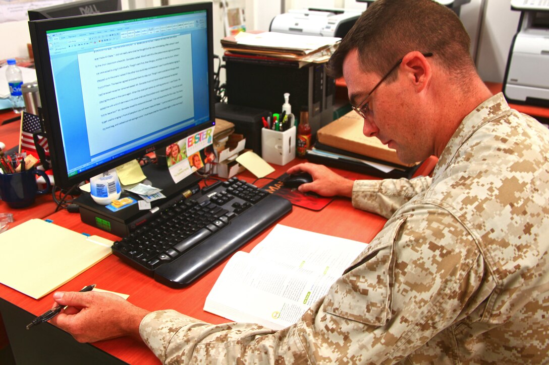 Staff Sgt. Christopher Stephens, the Afghan National Security Forces logistics chief with Regional Command Southwest and a native of Dallas, is one of many servicemembers taking college classes while being currently deployed to Helmand province, Afghanistan. “It is a positive way to pass time when not working. I have found that this deployment has seemed shorter because I have been able to keep my mind occupied,” said Stephens, who has been taking his online classes through American Military University.  For servicemembers interested in taking classes, Camp Leatherneck has an Education Center, which provides face-to-face classes on the base, as well as standardized testing. 