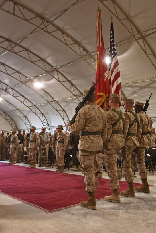Marines on the Task Force Belleau Wood flag detail march as they prepare to retire the colors at the 236th Marine Corps birthday ceremony aboard Camp Leatherneck, Helmand province, November 10. It is tradition that Marines across the world, regardless of operational tempo, take time out of their day on the Marine Corps birthday to honor their beloved Corps history and legacy.