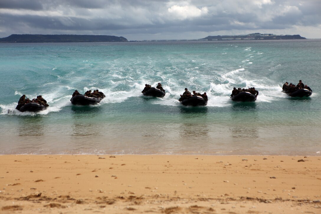 Marines with Company A, Battalion Landing Team 1st Battalion, 4th Marines, 31st Marine Expeditionary Unit, approach the beach in their combat rubber raiding craft, Jan. 29. The Marines were conducting a small boat raid during the MEU’s Amphibious Integration Training in preparation for Exercise Cobra Gold 2012. The 31st MEU is the only continually forward-deployed MEU, and remains the nation's force-in-readiness in the Asia-Pacific region.