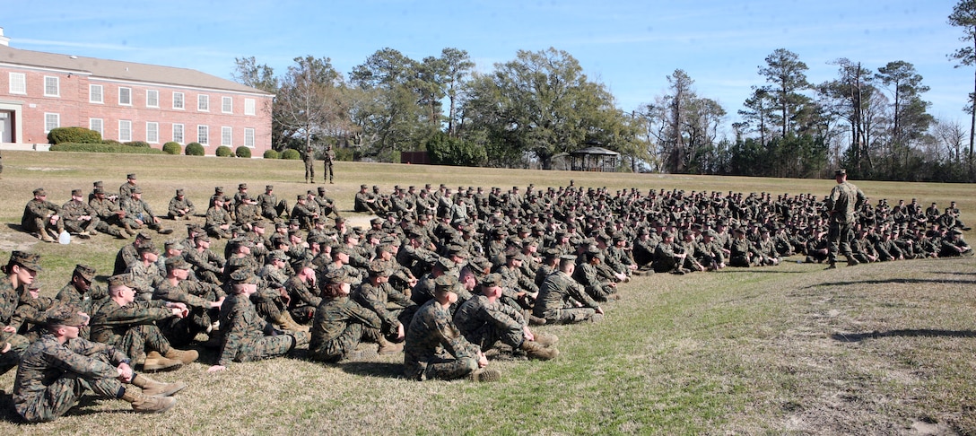 Col. Mark R. Hollahan, the 2nd Marine Logistics Group commanding officer, talks to sergeants from the 2nd MLG during a brief aboard Camp Lejeune, N.C., Feb. 15, 2012.  Hollahan brought the “backbone of the Marine Corps” together to address topics like sexual assault, hazing, professionalism and looking after one another.