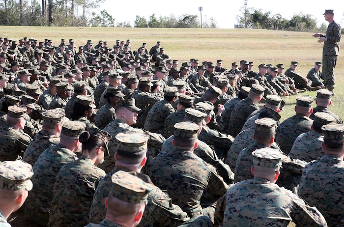 Col. Mark R. Hollahan, the 2nd Marine Logistics Group commanding officer, talks to sergeants from the 2nd MLG during a brief aboard Camp Lejeune, N.C., Feb. 15, 2012.  Hollahan brought the “backbone of the Marine Corps” together to address topics like sexual assault, hazing, professionalism and looking after one another.