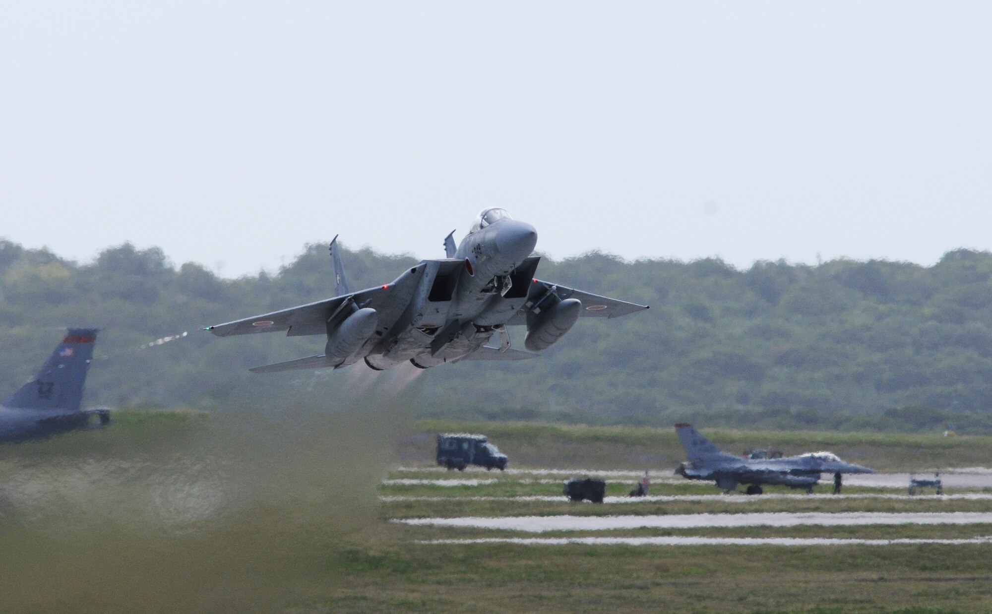 ANDERSEN AIR FORCE BASE, Guam- A F-15 Eagle from the Japan Air Self Defense Force takes off from here during Cope North 2012, Feb. 15. More than 1,000 military members from units spanning the Pacific are scheduled to begin arriving this week for exercise Cope North 2012. The trilateral exercise, which began Feb. 11 and will run through Feb. 24, is a multinational exercise designed to enhance air operations between the U.S. Air Force, the JASDF and the Royal Australian Air Force. (U.S Air Force photo/Senior Airman Carlin Leslie)
