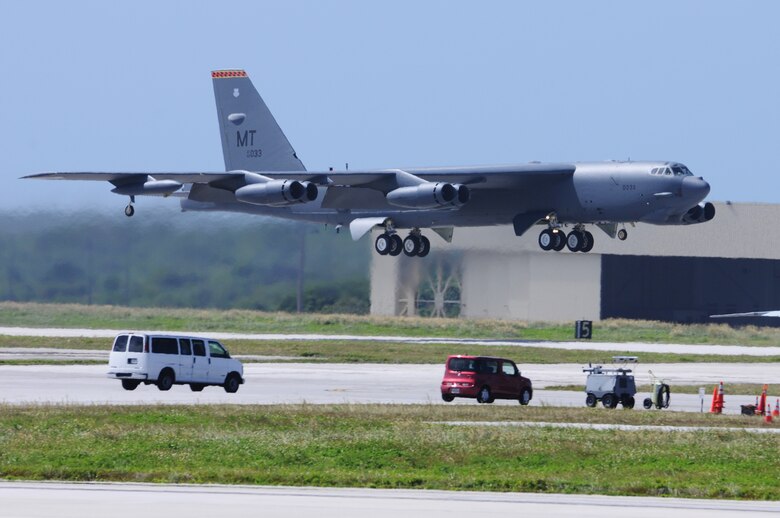 ANDERSEN AIR FORCE BASE, Guam- A B-52 from Minot Air Force Base, N.D. takes off from here, in support of flying operations for Cope North 2012, Feb. 15.The B-52 is deployed to Andersen AFB, Guam, with the 23rd Expeditionary Bomb Squadron and is part of a continuous bomber presence in the region. (U.S Air Force photo/Senior Airman Carlin Leslie)
