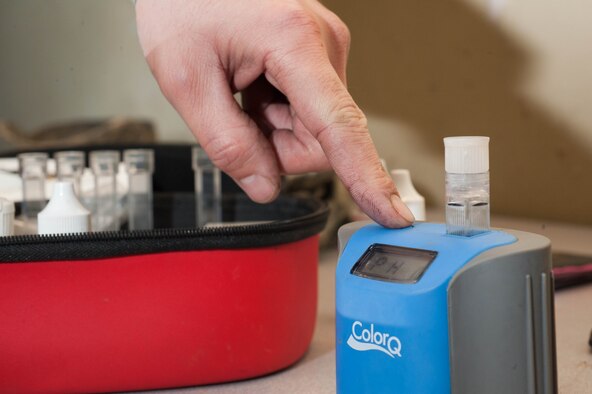 Airman 1st Class Anthony Russell, 28th Civil Engineer Squadron water and fuels maintenance technician, tests pH levels of the base pool with a chlorometer during routine maintenance at the Bellamy Fitness Center on Ellsworth Air Force Base, S.D., Feb. 3, 2012. If the pH balance becomes too high, it can cause physical irritation such as burning of eyes and nose, if too low, it reduces the disinfectant potential of chlorine, resulting in unwanted algae growth. (U.S. Air Force photo by Airman 1st Class Zachary Hada/Released)