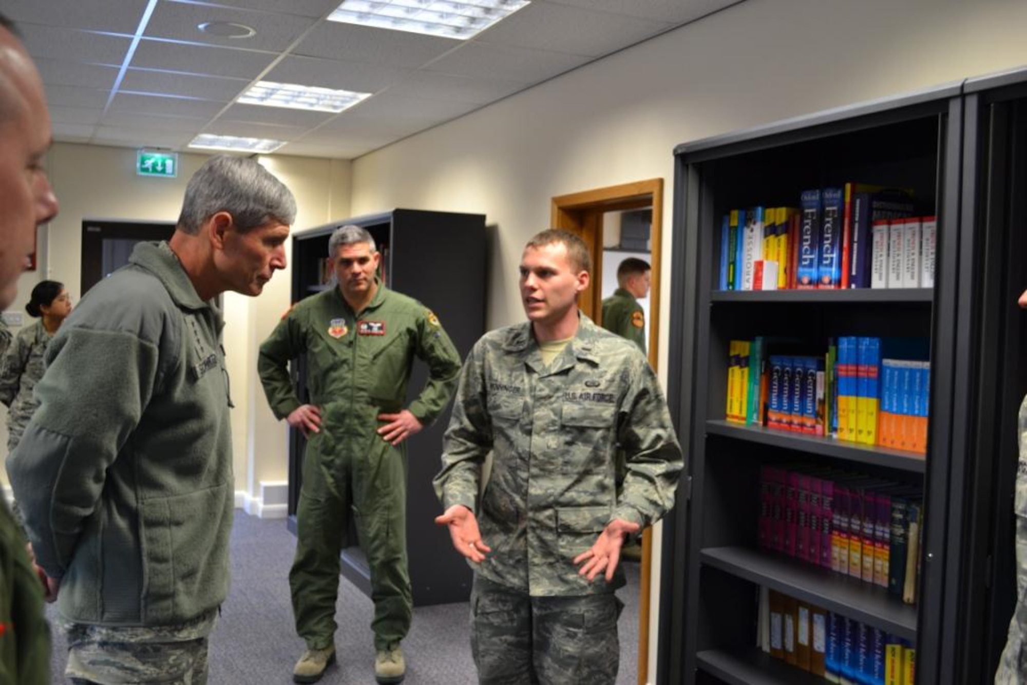 U.S. Air Force 1st Lt. James Wenninger briefs U.S. Air Force Chief of Staff Gen. Norton A. Schwartz on the 488th Intelligence Squadron's Language and Culture Learning Center at Royal Air Force Mildenhall, Feb. 12. Wenninger is the project manager for the center, which is the U.S. Air Force language center in European Command. The center provides instructor-led courses for professional military linguists in both the United States and United Kingdom armed forces. 

(U.S. Air Force photo by Master Sgt. Richard D. Brillhart/Released)