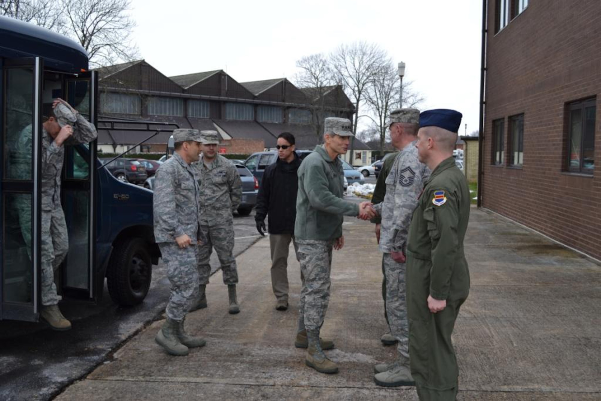 U.S. Air Force Senior Master Sgt. Dean McConnell greets U.S. Air Force Chief of Staff Gen. Norton A. Schwartz in front of the 488th Intelligence Squadron's Language and Culture Learning Center at Royal Air Force Mildenhall, Feb. 12. The center is the sole U.S. Air Force language center in European Command. 

(U.S. Air Force photo by Master Sgt. Richard D. Brillhart/Released)