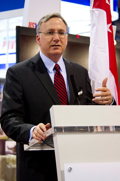 Changi, Singapore -- The Honorable David Adelman, U.S. Ambassador to Singapore gives a speech during opening ceremonies of the U.S. Pavilion inside the Changi Exhibition Centre, Feb. 14, at the 2012 Singapore Air Show. The Bi-Annual Singapore Trade and Air Show is among the three biggest trade shows in the world. (Department of Defense photo by U.S. Air Force Tech. Sgt. Michael R. Holzworth/Released)