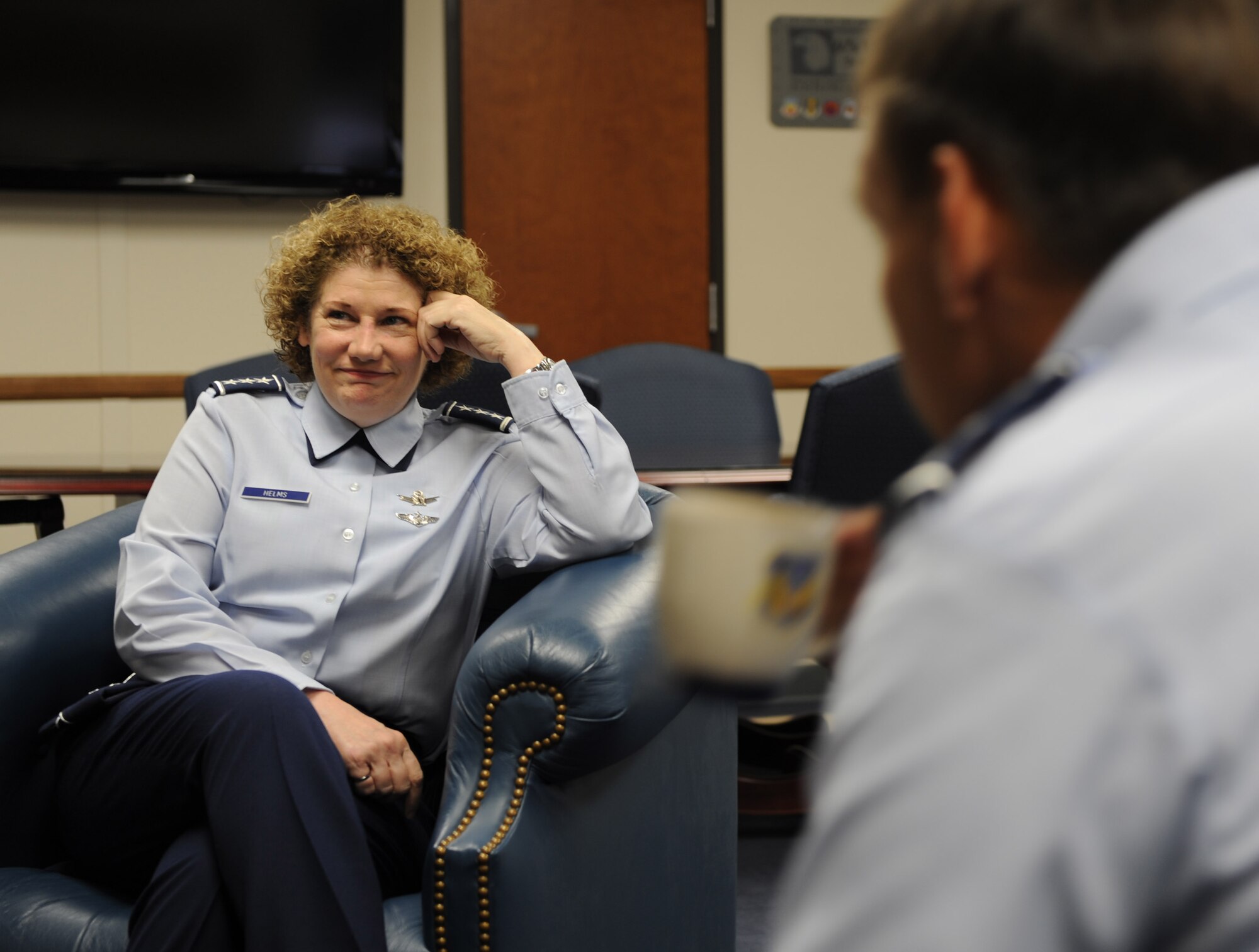 Lt. Gen. Ted Kresge, 13th Air Force commander, met with Lt. Gen. Susan Helms, the dual-hatted 14th Air Force Commander and Commander, Joint FunctionalComponent Command for Space, U.S. Strategic Command, Feb. 13. The generals focused their discussions on strengthening the already close coordination between the two commands. (U.S. Air Force photo byTechnical Sgt Aries D. Early)