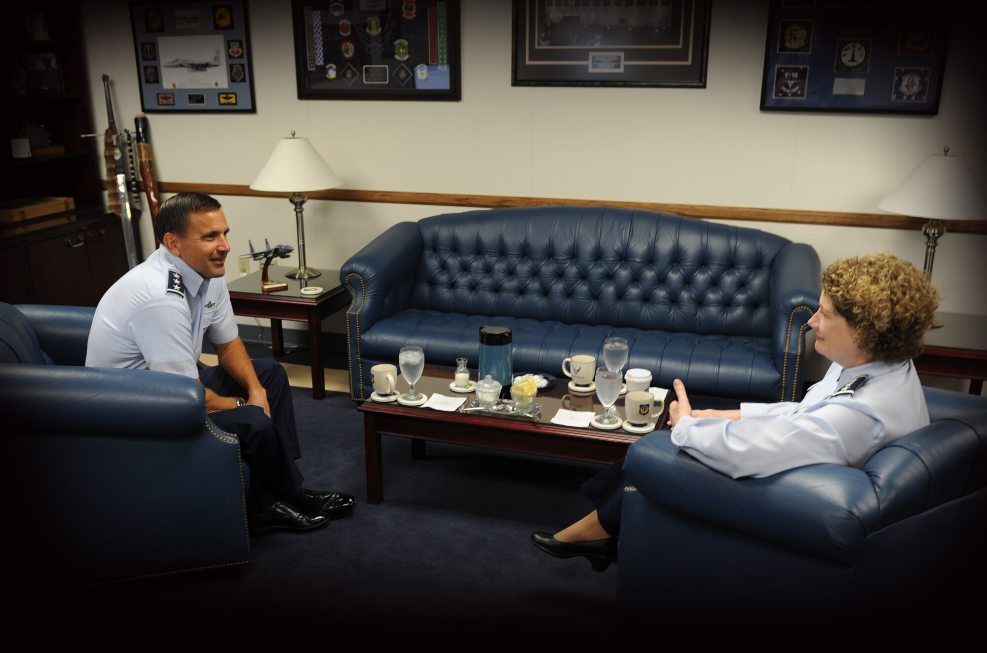 Lt. Gen. Ted Kresge, 13th Air Force commander, met with Lt. Gen. Susan Helms, the dual-hatted 14th Air Force Commander and Commander, Joint FunctionalComponent Command for Space, U.S. Strategic Command, Feb. 13. The generals focused their discussions on strengthening the already close coordination between the two commands. (U.S. Air Force photo byTechnical Sgt Aries D. Early)