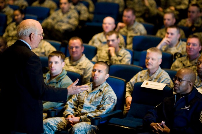 Sam Parish, 8th Chief Master Sgt. of the Air Force, speaks with enlisted Airmen, Feb. 10, 2012 at the base theater, Nellis Air Force Base, Nev. Parish discussed current Air Force events and shared knowledge he acquired over thirty-one years of military service. (U.S. Air Force photo by Staff Sgt. William P.Coleman)