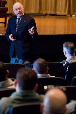 Sam Parish, 8th Chief Master Sgt. of the Air Force, speaks with enlisted Airmen, Feb. 10, 2012 at the base theater, Nellis Air Force Base, Nev. Parish discussed current Air Force events and shared knowledge he acquired over thirty-one years of military service. (U.S. Air Force photo by Staff Sgt. William P.Coleman)